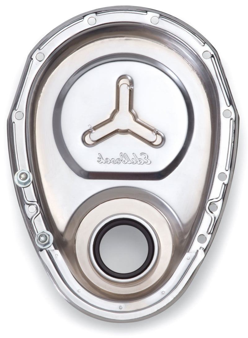 Edelbrock 4860 Timing Cover Small Block-Chevrolet Chrome with Welded Reinforcement Plate
