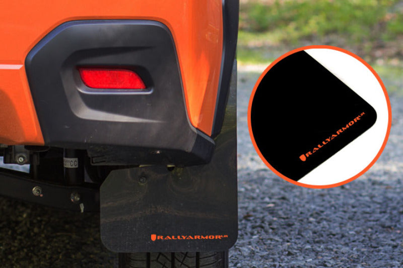 Rally Armor UR Mud Flaps - 2013-2015 Subaru XV Crosstrek, 2016-2017 Subaru Crosstrek - Black/Orange Logo - #MF26-UR-BLK/OR