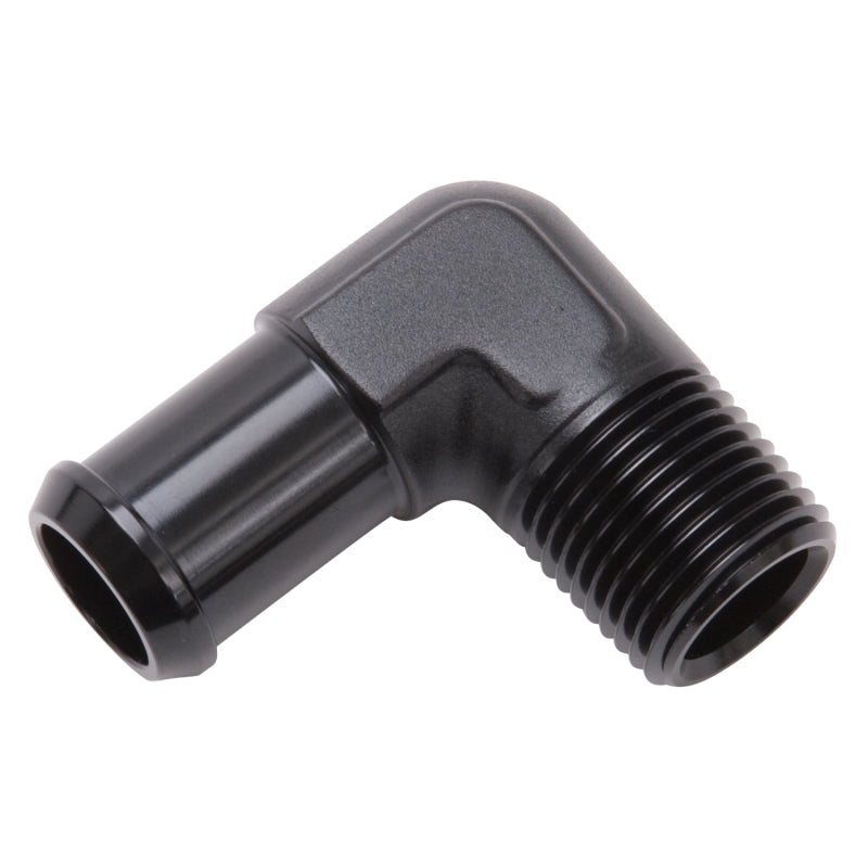 Edelbrock 8180 Hose End 90-Degree 1/2 in NPT to 1/2 in Barb Black Anodized