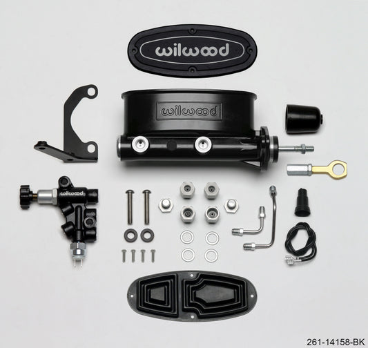 Wilwood HV Tandem M/C Kit w L/H Bracket & Prop Valve - 15/16in Bore Black-W/Push. - Early Mustang - #261-14158-BK